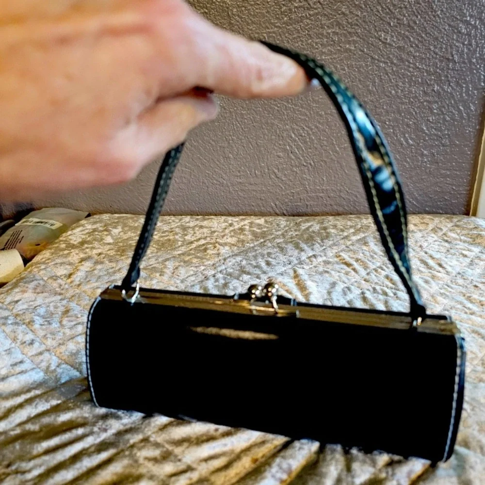 PURSE: Black & Silver Cylindrical Clutch, Vintage. EUC